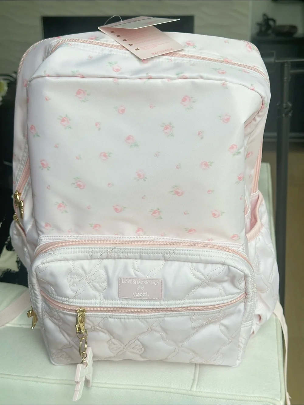 LoveShackFancy Pale Pink Quilted Floral Kids Backpack with Bow Charm